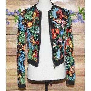 Dolce Cabo FRIDA Floral Embroidered Bomber Jacket Size S Full Zip Boho Colorful